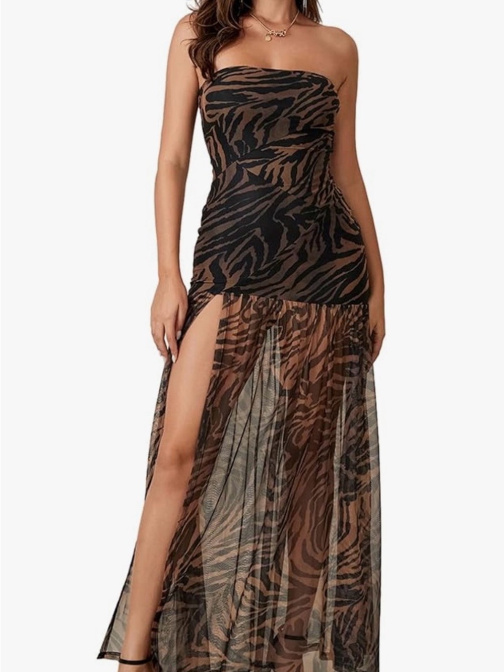 Strapless Zebra Print Sheer Maxi Dress in Brown and Black
